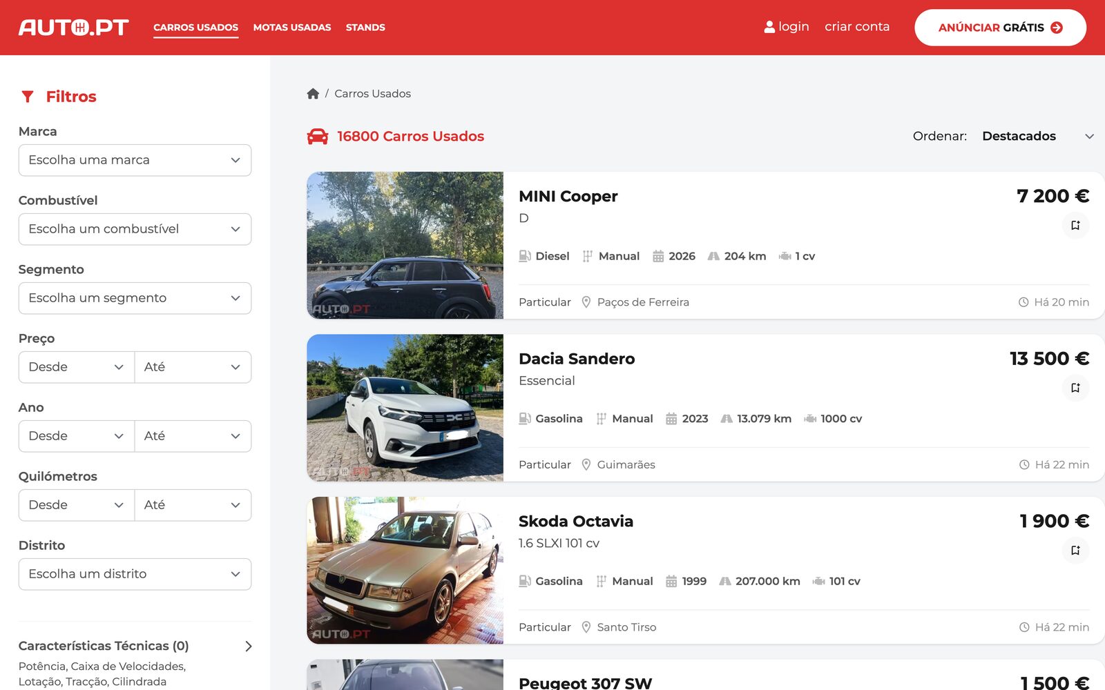 Auto.PT used car results with filters on the left and listing cards