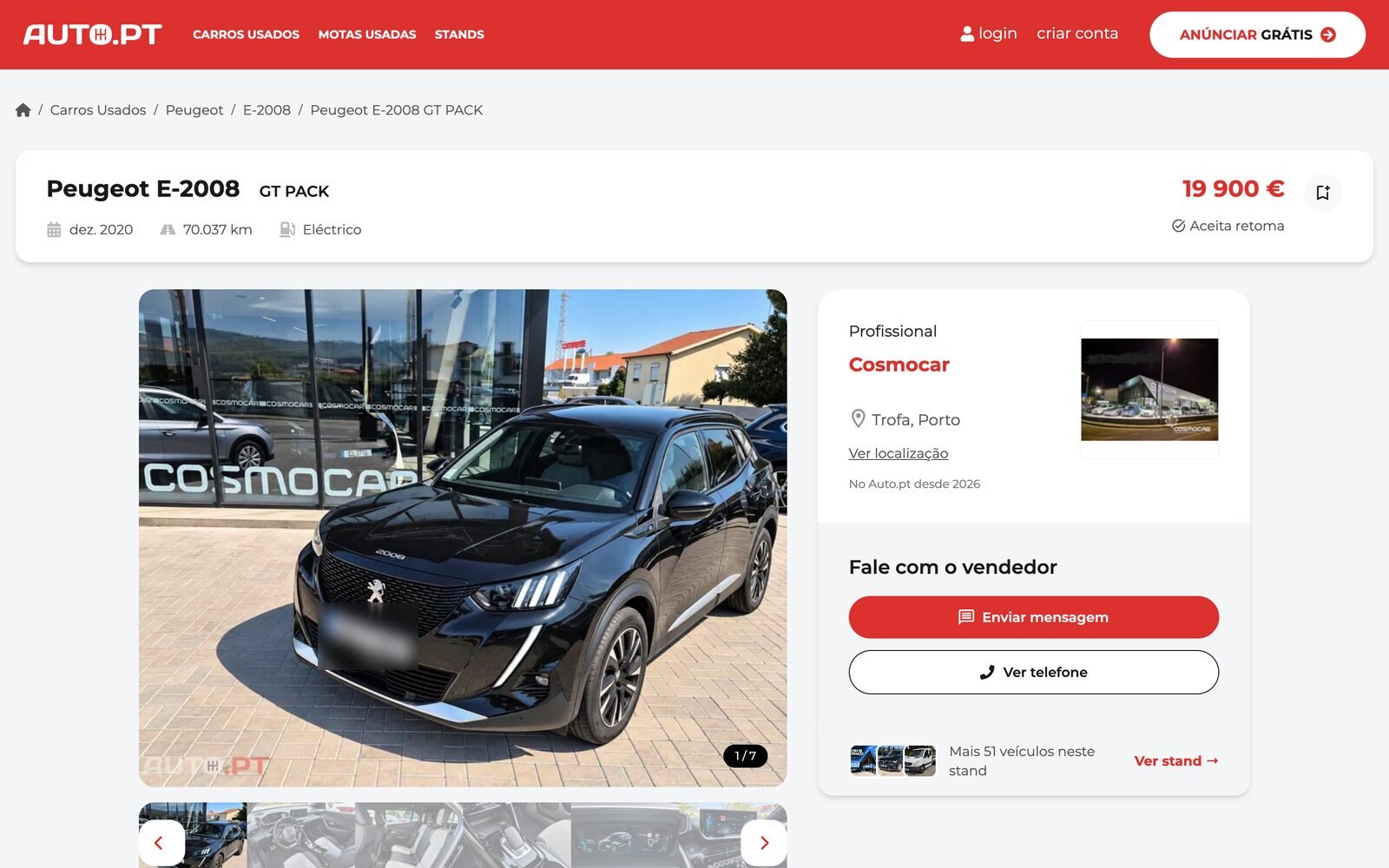 Auto.PT ad for a Peugeot e-2008 from a professional dealer, with gallery, price and contact buttons
