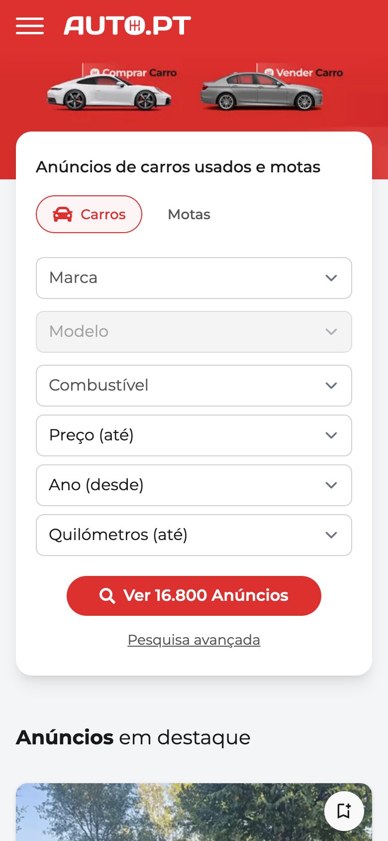 Auto.PT mobile search form for used cars and motorbikes