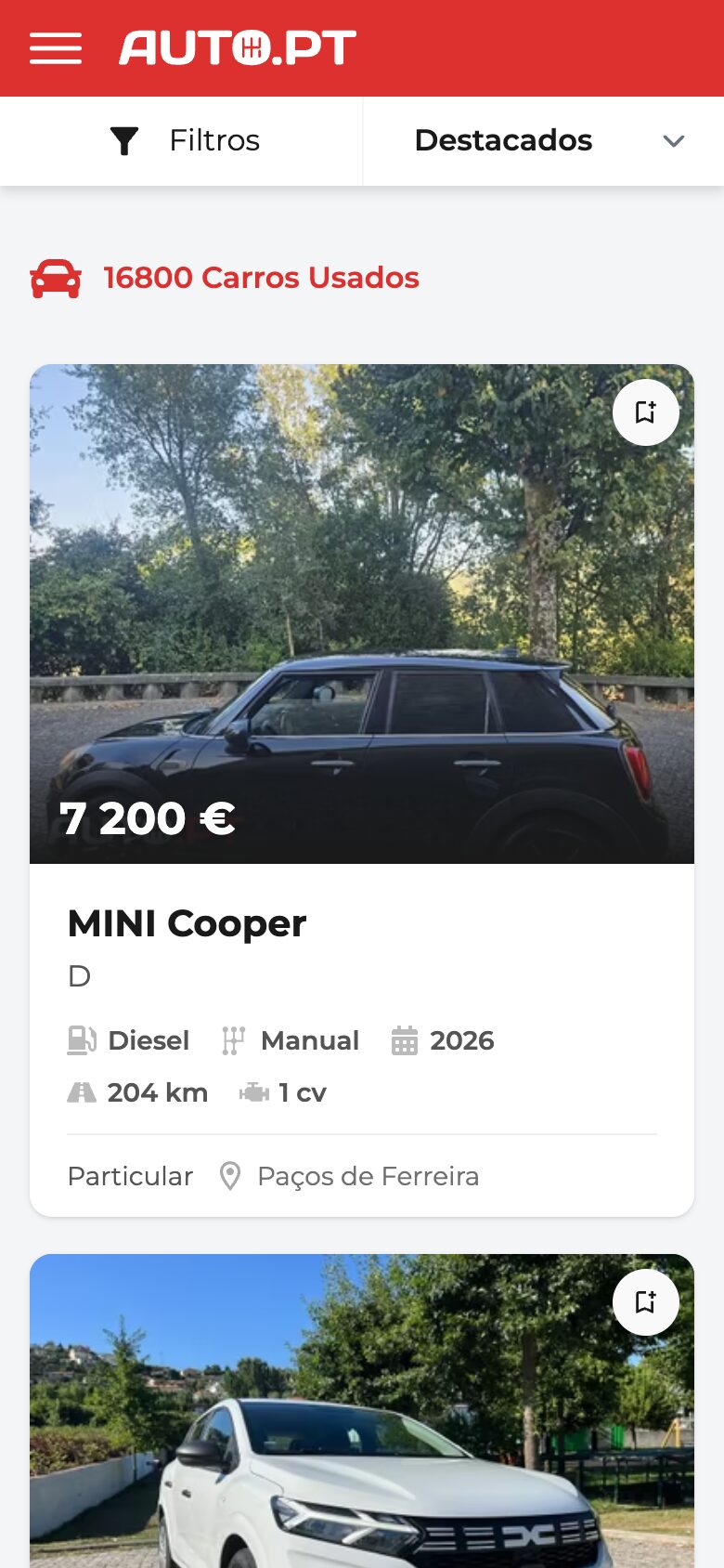Auto.PT mobile results with large photo cards