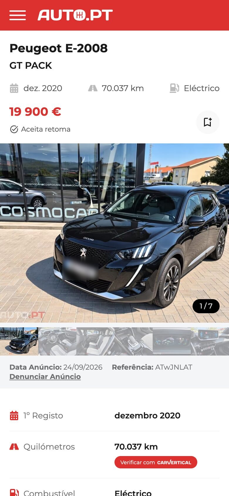 Auto.PT mobile ad page with price, gallery and car specifications