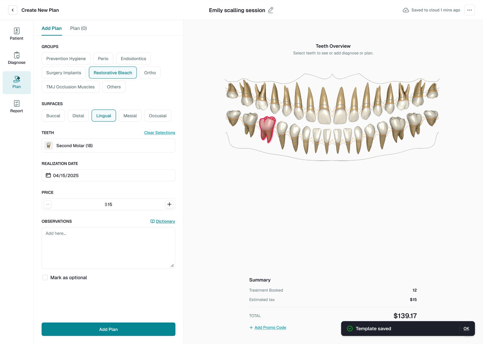 Make Me Clear planning a treatment on a selected molar, with groups, surfaces, date and price
