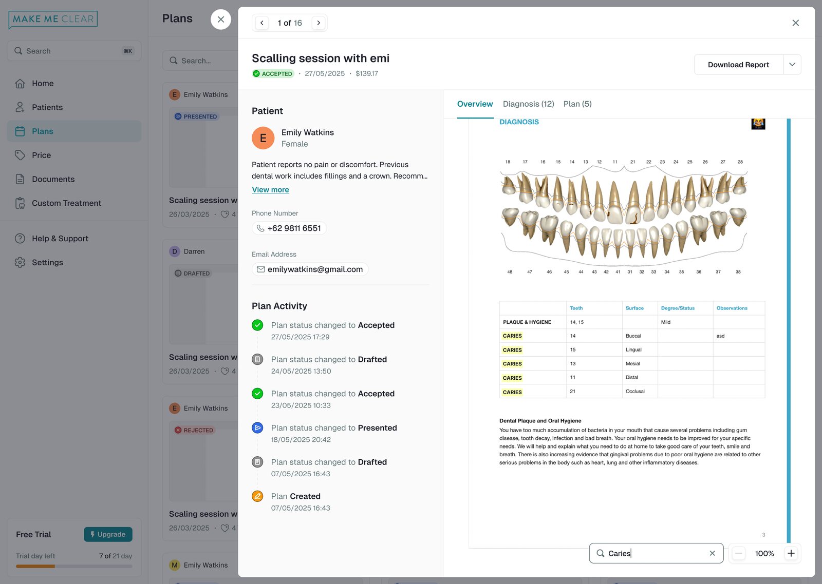 Make Me Clear patient report with the diagnosis on a teeth chart and a table of findings