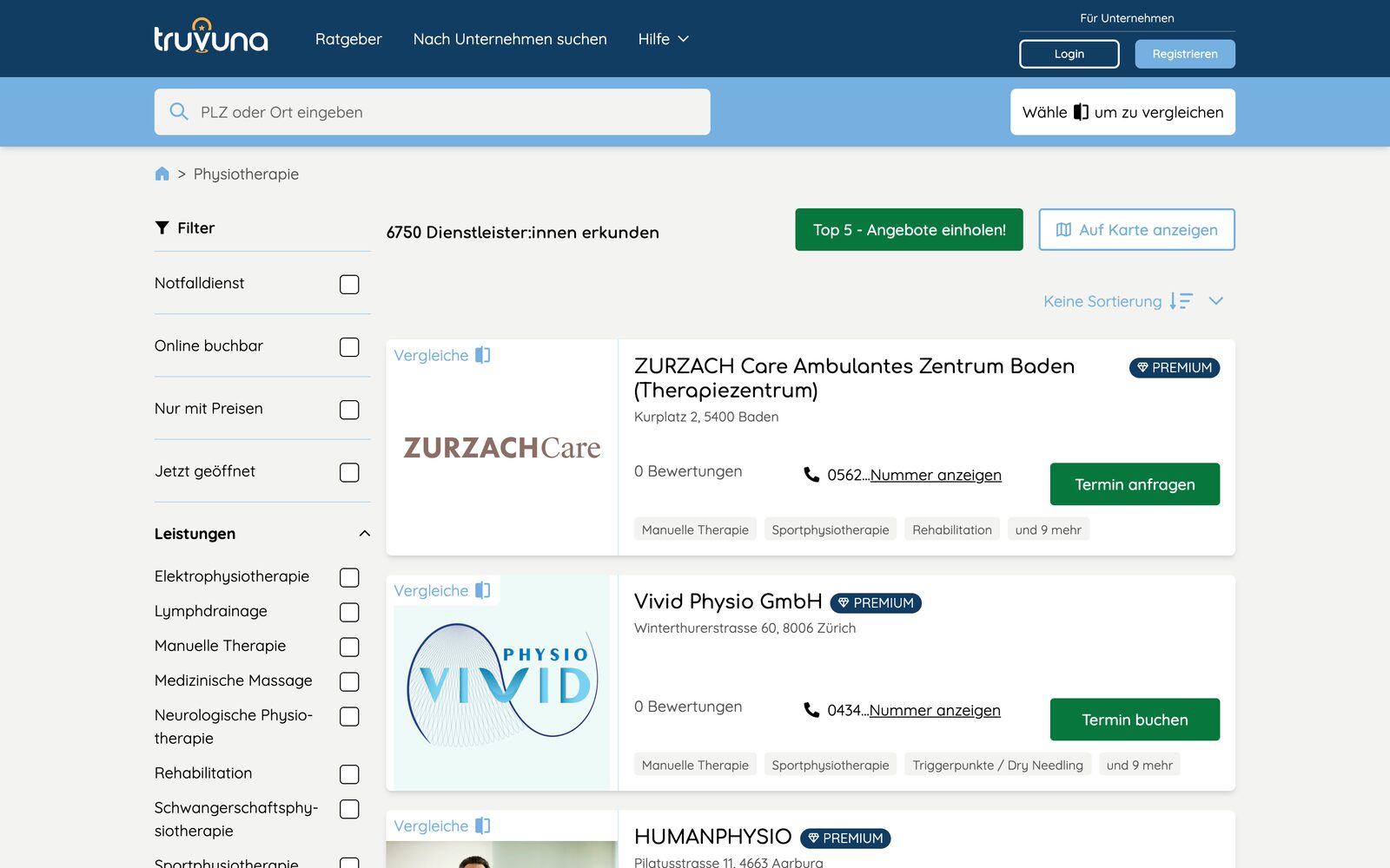 truVuna physiotherapy results with filters, premium listings and appointment buttons