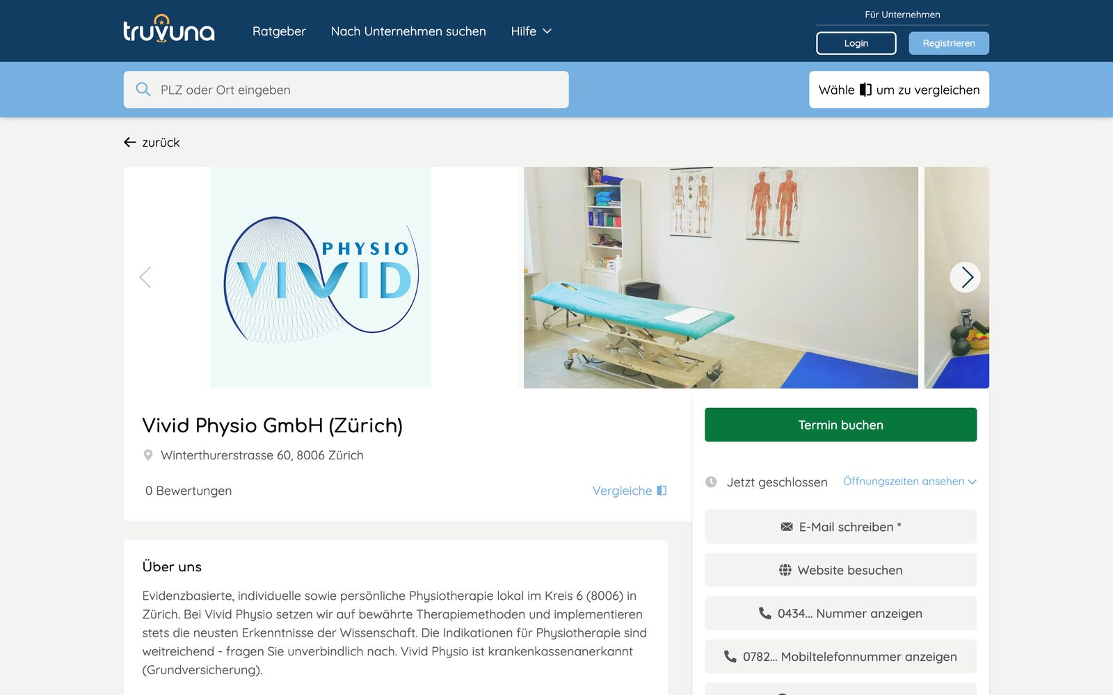 truVuna profile of a physiotherapy practice in Zurich with photos, booking button and contact options