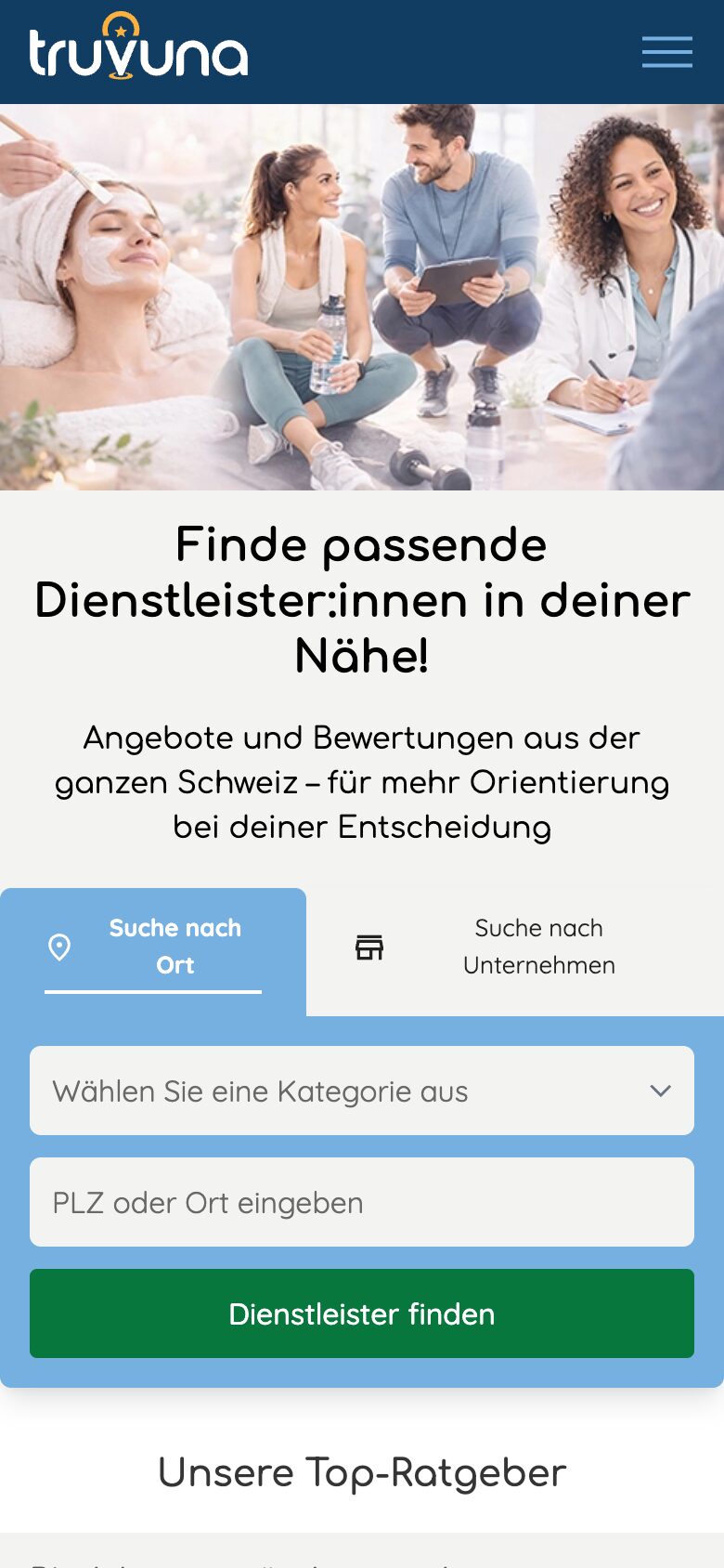 truVuna mobile homepage with category and location search