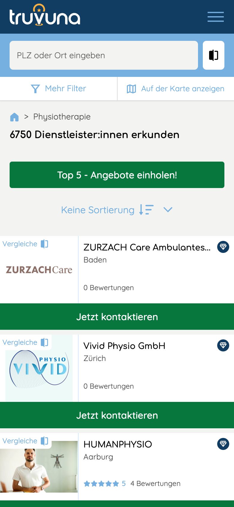truVuna mobile list of physiotherapy providers with contact buttons