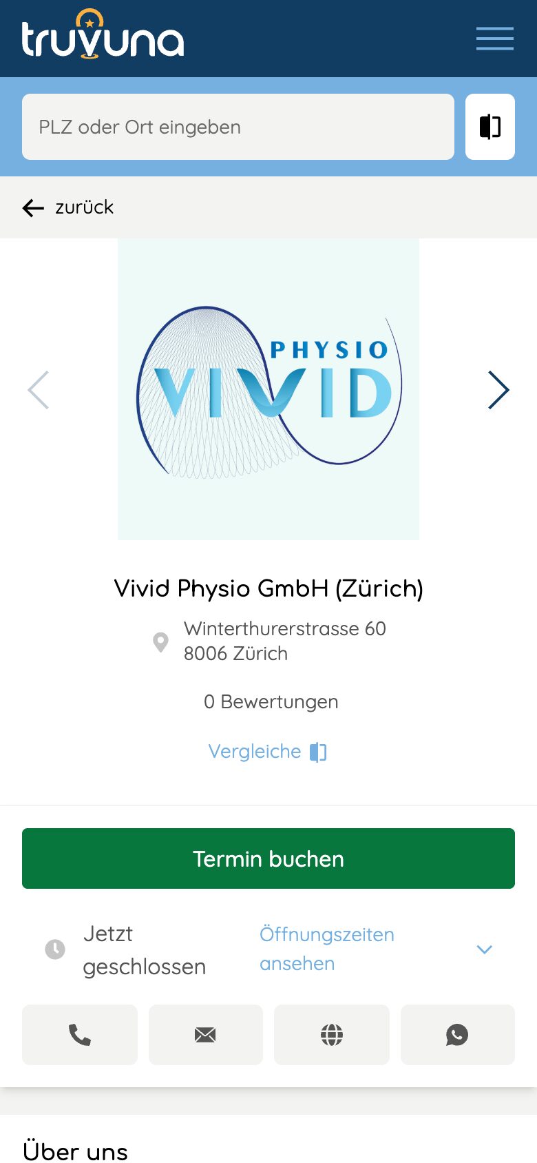 truVuna mobile provider profile with booking and quick contact buttons
