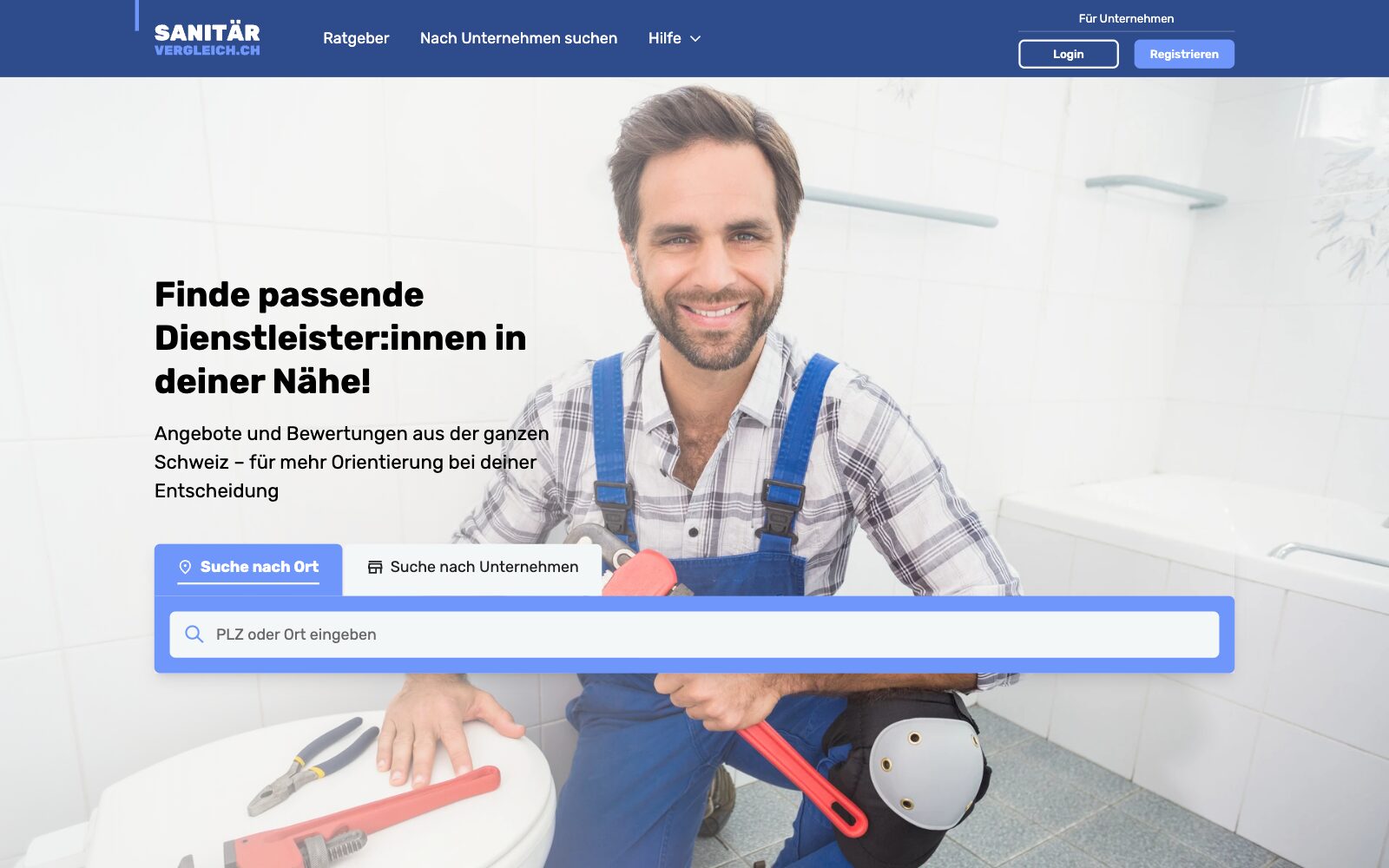 Sanitärvergleich homepage with a search for plumbers by postcode