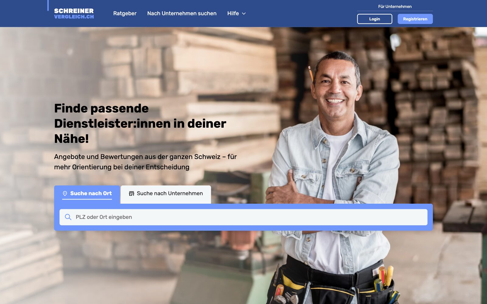 Schreinervergleich homepage with a search for carpenters by postcode