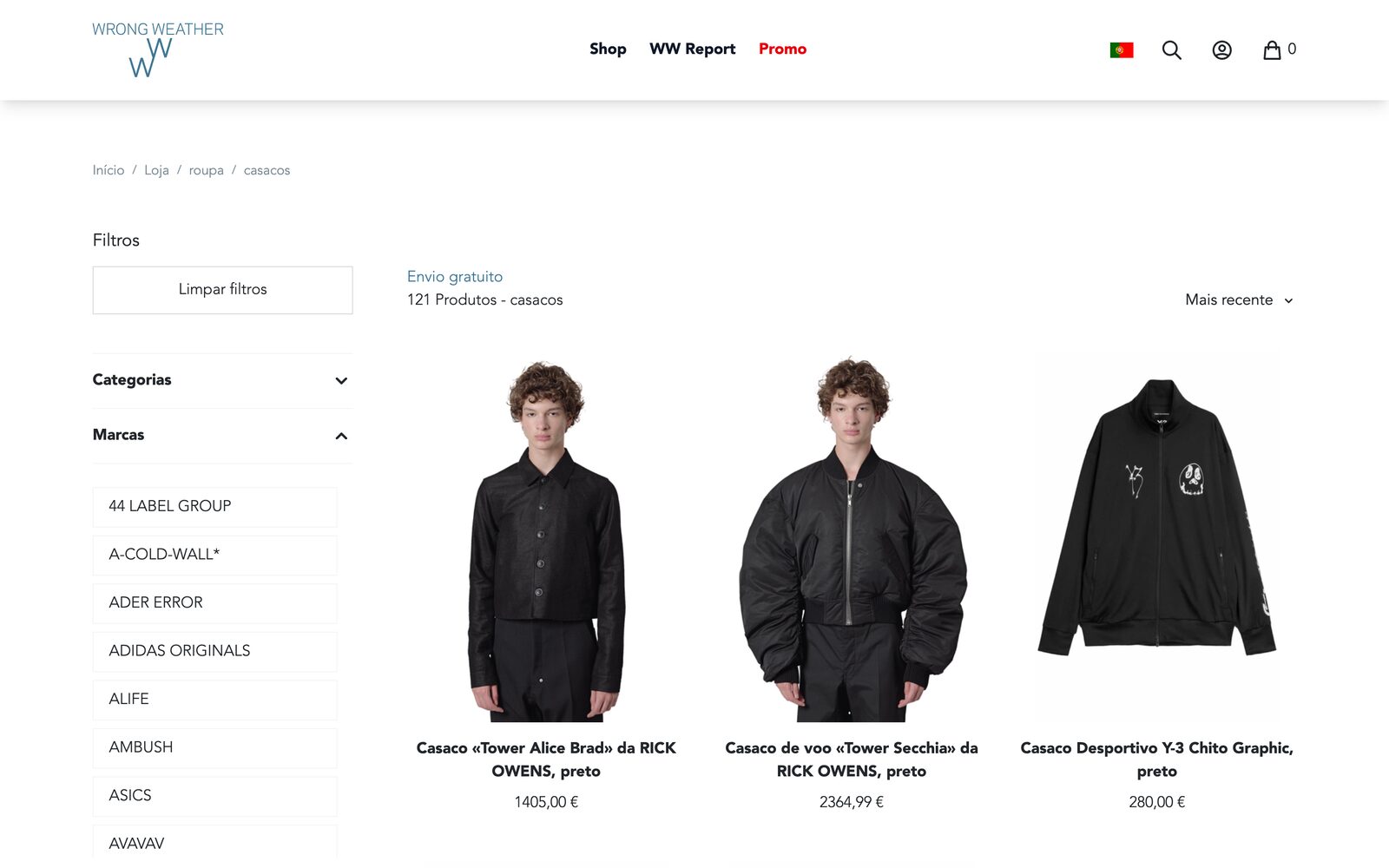 Wrong Weather jackets category with brand filters and product grid