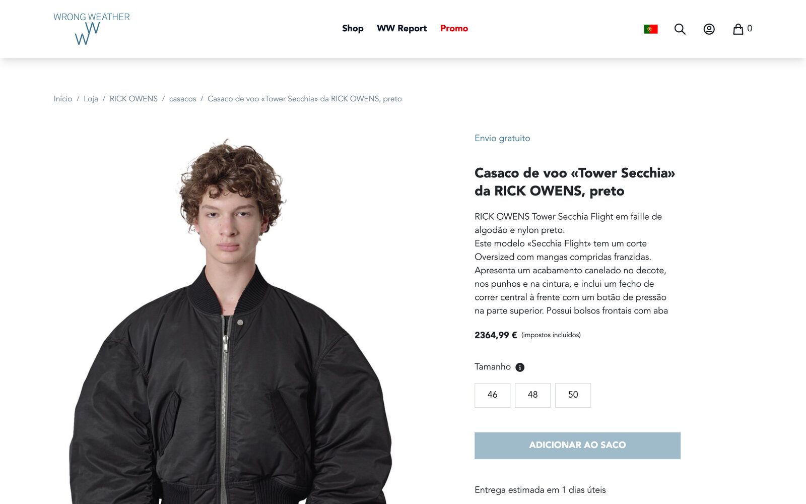 Wrong Weather product page for a Rick Owens bomber jacket with sizes and add to bag button