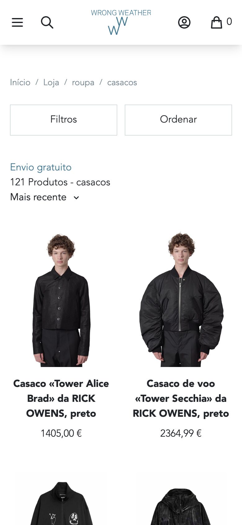 Wrong Weather mobile jackets category with filters and product grid